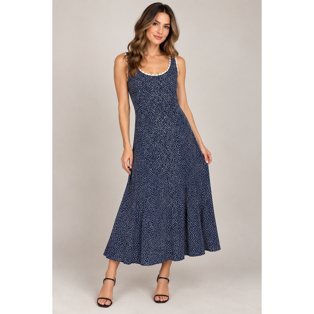 90s Coquette Preppy Navy Polka Dot Midi Dress Contrast Trim Small 4
